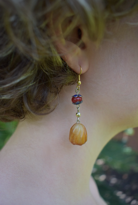 Two pairs of vintage bohemian style yellow jade and red agate dangle earrings