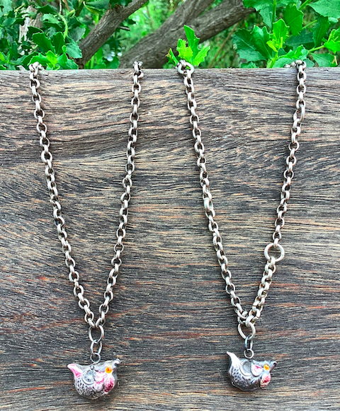 Two Qing Dynasty (circa 1644-1911) vintage silver hand painted bird pendants on sterling silver chain