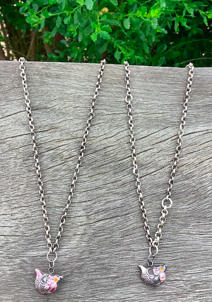 Two Qing Dynasty (circa 1644-1911) vintage silver hand painted bird pendants on sterling silver chain