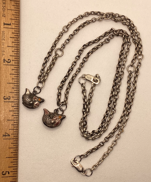 Two Qing Dynasty (circa 1644-1911) vintage silver hand painted bird pendants on sterling silver chain