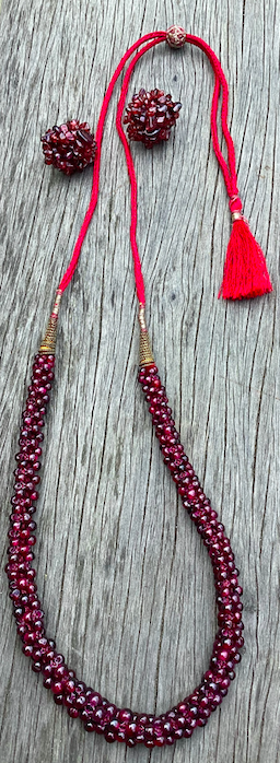One Vintage 1960's-70's Garnet Bead Adjustable Necklace and Matching Earrings