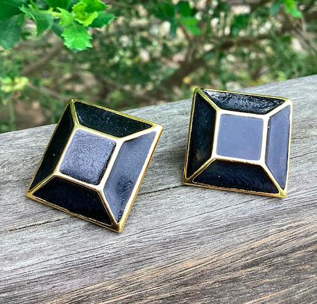 One pair of vintage 1980-90's Yves Saint Laurent (YSL) black and gold geometric earrings