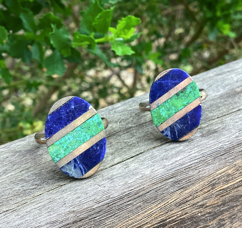 Two Vintage Inlaid Sodalite and Malachite Sterling Silver Oval Rings