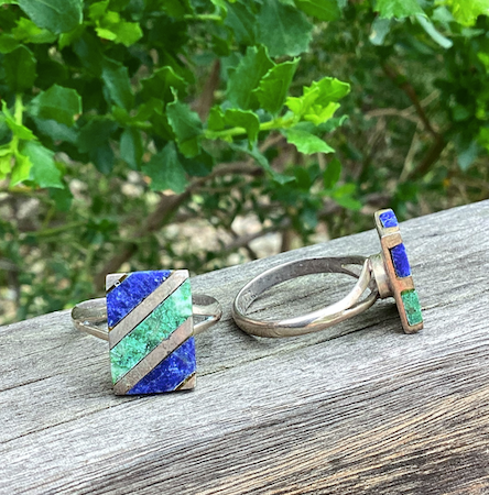 Two Vintage Sterling Silver Rings with Inlaid Sodalite and Malachite