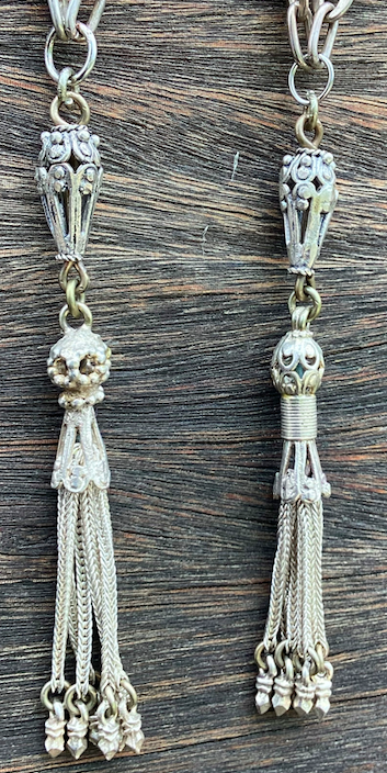 Two Victorian- Era Sterling Silver Tassel Pendants on Two Vintage Silver Plated Chain Necklaces.