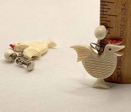One pair of vintage chicken or rooster dangle earrings