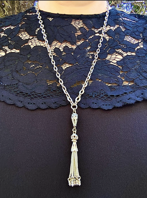 Two Victorian- Era Sterling Silver Tassel Pendants on Two Vintage Silver Plated Chain Necklaces.