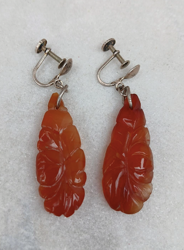 One pair of Vintage Art Nouveau Hand-Carved Carnelian Earrings with Sterling Silver Screw Backs